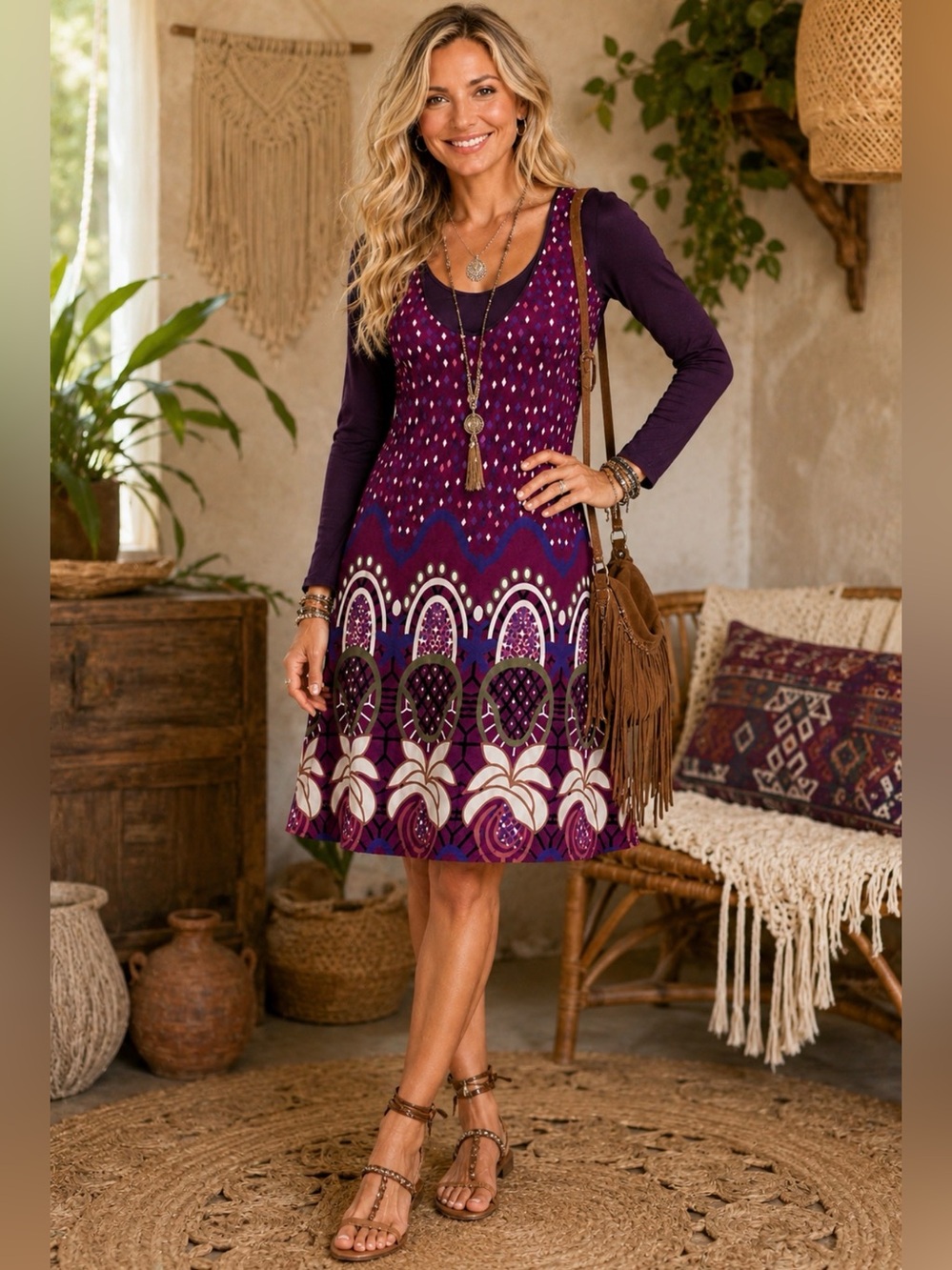 Funky People Boho Mod Dress M – Purple Geometric Floral Long Sleeve Retro